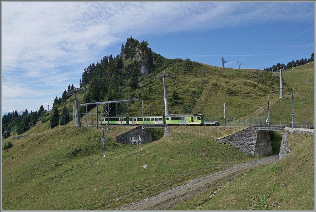 The TPC BVB BDeh 4/4 83 on the way to Villars sur Ollon by the Col de Bretaye. 

19.08.2023