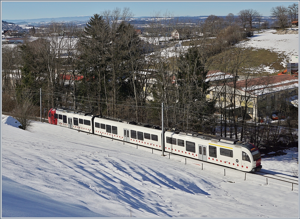 The TPF local train S 50 14826 ont the Way to Montbovon with the ABe 2/5 105, B and Be 2/4 105 near Remaufes.

16.02.2019