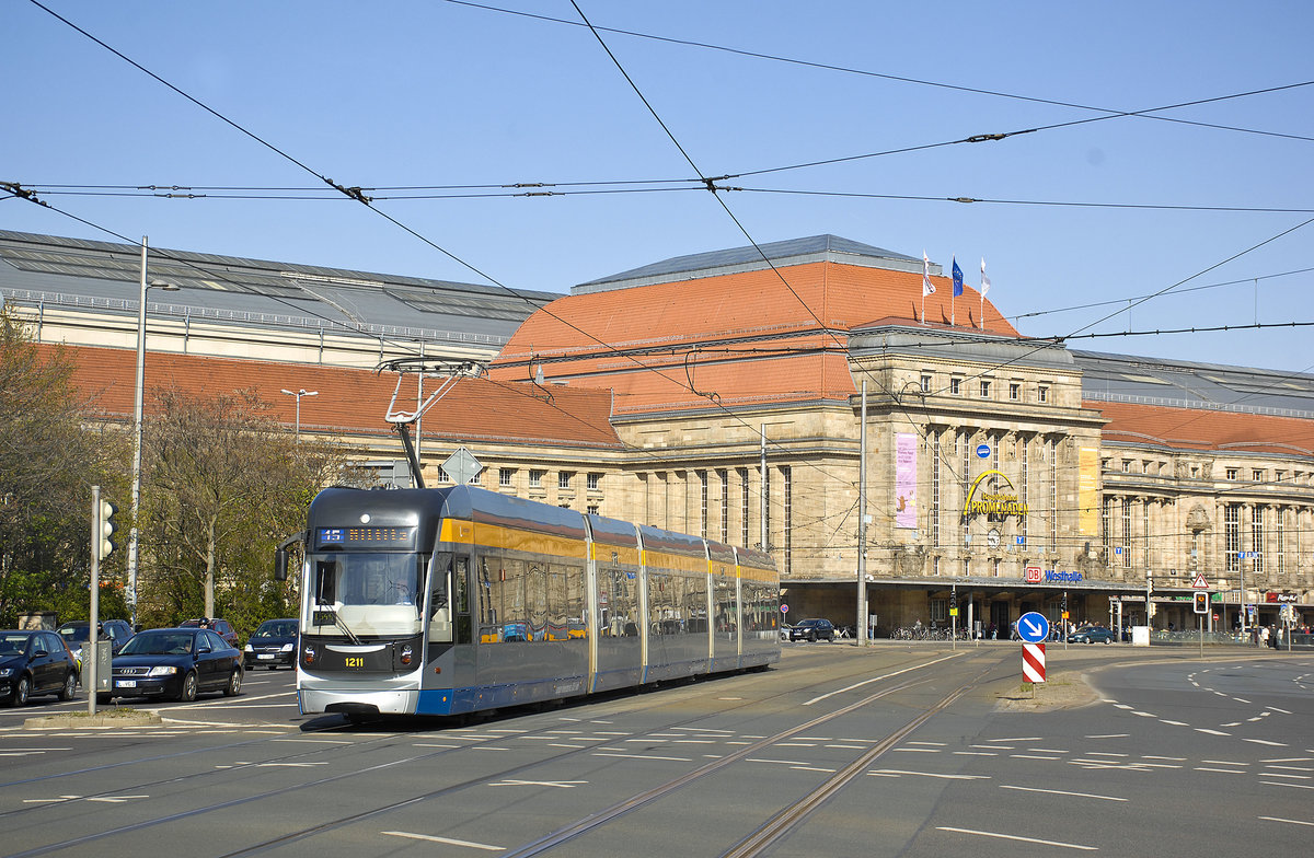 Tram 1211 from Leipziger Verkehrsbetriebe (Line 15 direction Miltitz) in front of the Central Station in leipzig (April 29th 2017).