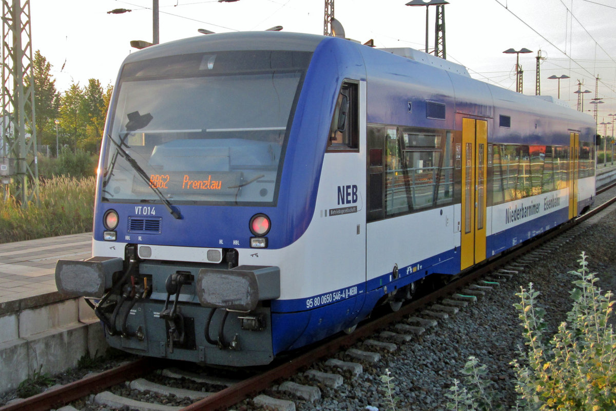 VT 014 of the Niederbarnimer Eisenbahn stands in Angermünde on 19 September 2016.