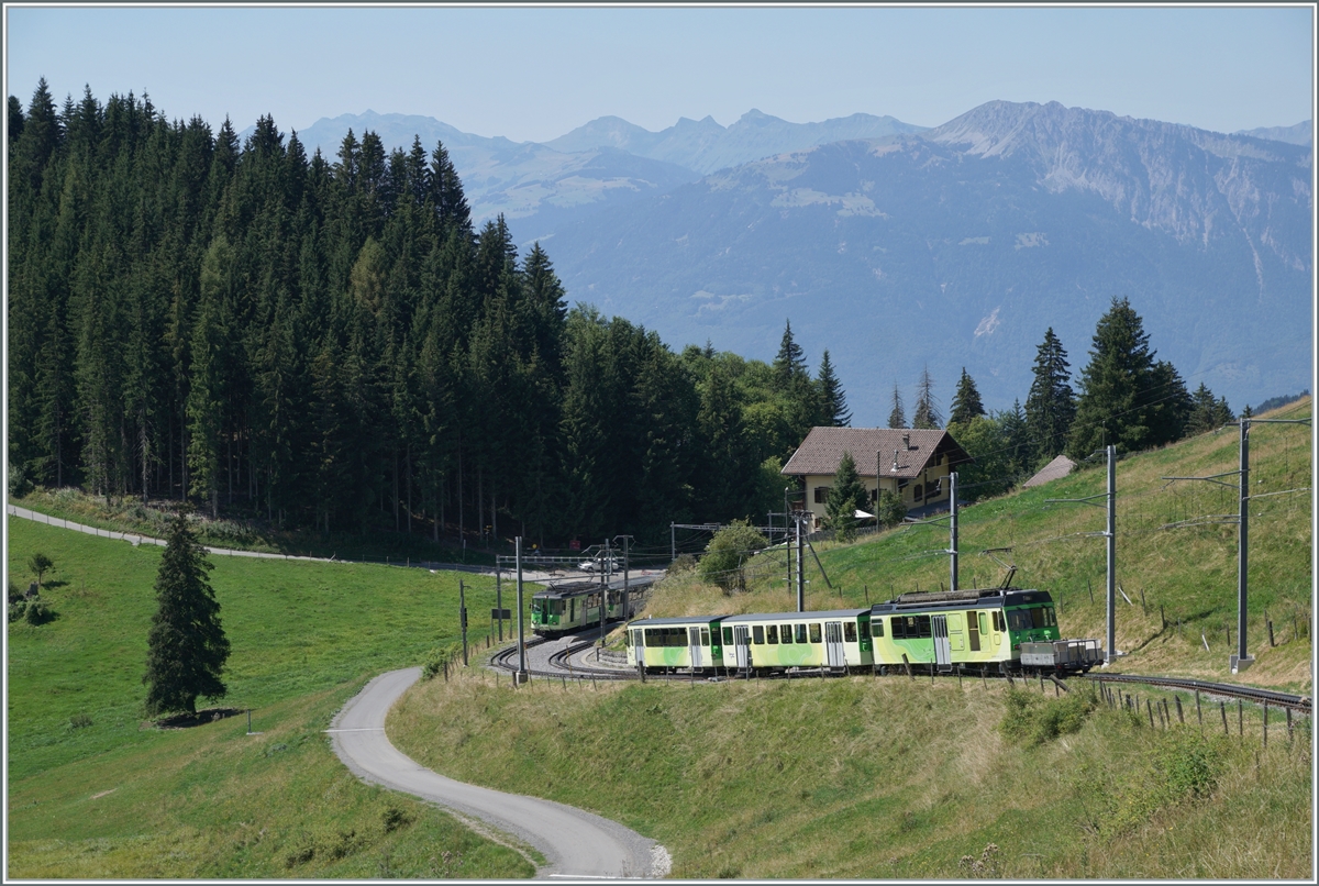 While the oncoming train is already waiting in Col-de-Soud, BDeh 4/4 83 soon reaches the station with its train from Col-de-Bretaye on the way to Villars sur Ollon.

Aug 19, 2023