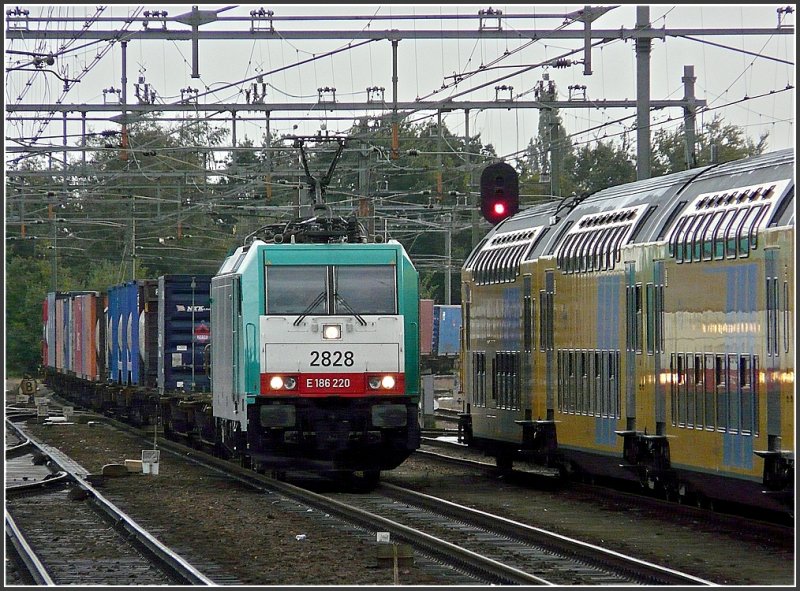 . The TRAXX HLE 2828 heading a freight train approaches the station of Roosendaal (NL) on September 5th, 2009. 