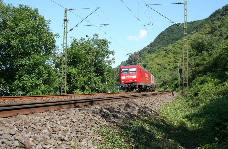 DB 145 005-5 with freight train at the Rhein river on 16.7.2009 near Braubach.
