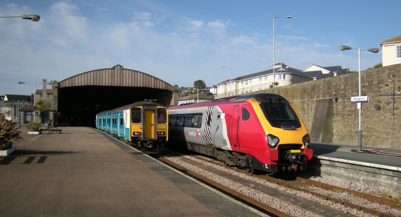 Penzance: The 150213 is the local service to St Ives and the Virgin Trains destination is Edinburgh. 
17.04.2008