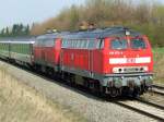 218 Two german BR 218 Diesel locomotives towing a Swiss EuroCity towards Lindau close to Kaufering, April 14, 2009.
