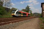 646 Stadler GTW Hellertalbahn (Hellervalley Railway) with Stadler GTW 2/6 has left the station on 22.04.2011 Herdorf and continue towards Betzdorf/Sieg (Germany).