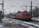 The ÖBB 1116 087 wiht his IC from Stuttgart to Zürich is arriving at Singen.