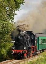 . The steam engine 158  Elna  of the heritage railway CFV3V (Chemin de Fer  Vapeur des 3 Valles) pictured in Olloy-sur-Viroin on September 28th, 2014.