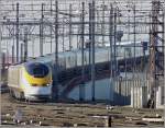 Five days after the restoration of full capacity through the Channel Tunnel, which was closed for six month due to an incident, the Eurostar unit 3011 (British Rail) arrives in Bruxelles Midi (B)