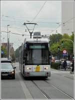 Tram N 7201 is running through the Gemeentestraat in Antwerp on September 13th, 2008.