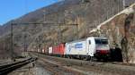 bls-south-ramp-goppenstein---brig Crossrail Re 185 581-6 and a DB E 185 with a long Cargo train in Lalden. 
16.02.2008
