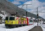 chur---reichenau---disentis-line RhB Ge 4/4 II 611 with his Glacier Express is arriving at Disentis. 
22.03.2008