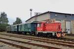 CD 703 029 stands with three old freight wagons at the CD work shops in  Ceska Trebova during an Open day on 24 September 2017.