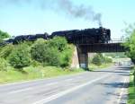 the special train 556.0506, 555.0153 from Kladno to Lun u Rakovnka at 16.6.2012 on the bridge in Rynholec.