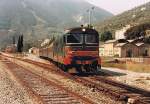 D 345 The FS 345 1145 with a local train service to Cuneo is leaving the Brail sur Royal Station. 
June 1985
(scanned analog photo)