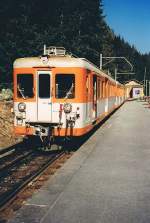 A local train with Z 600 in Le Chtelard Fontiere wait for the departure to Chamionix. 
Summer 1985
(analog Photo)