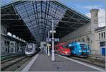 Colorful trains in Lyon Perrache station: SNCF TGV 29 148 RAME 263, FS Trenitalia ETR 400 031 and the SNCF TER B 81543.