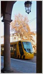 . The Sola tram N 2015 is running through the Avenue du Marchal Foch in Mulhouse on December 10th, 2013.