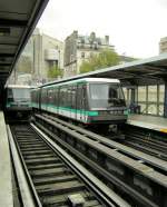 The Paris mtro Line n 1 Chteau de Vincennes to La Dfense comes by the Station La Bastille for a few moment on the day light. 
12.04.2008