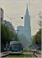 Eurotram pictured together with the cathedral in the Rue de la Paix in Strasbourg on October 30th, 2011.