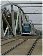 A Citadis tram is running over the Ill bridge in Strasbourg on October 29th, 2011.