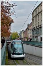 An Eurotram is arriving at the stop Ancienne Synagogue/Les Halles in Strasbourg on October 30th, 2011.