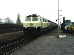 216 202-2 with express train between Wilhelmshaven and Osnabrck at the railway station of Bramsche on 14-4-1993.