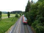 Two trains (BR 610) are driving between Martinlamiz and Kirchenlamitz on July 4th 2013.