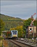 A Stadler GTW 2/6 of the Hellertalbahn is leaving the station of Herdorf on October 12th, 2012.