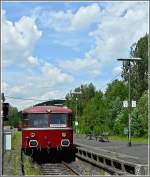 The heritage Uerdinger railcar 796 784-7 is leaving the station of Daun on its way from Gerolstein to Kaisersesch on the beautiful treck  Eifelquerbahn  on June 6th, 2010.
