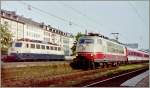 DB 103 108-7 with an IC and The 110 417-3 in Koblenz. 
12.05.1998