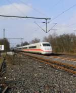 This photo shows the ICE-Highspeedtrain of the German Rail Company (DB AG) it is an mark II ICE on it's way from Mnchengladbach Centralstation to Berlin Eaststation at the station of Korschenbroich.