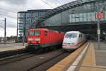 On the left site 114 027-6 with a local train from Berlin Charlottenburg to Frankfurt(Oder) and on the right site 401 056-7  Heppenheim/Bergstrae  as ICE691 from Berlin Ostbahnhof to Stuttgart main