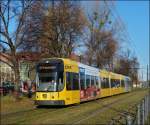 Tram N 2824 is running through St. Petersburger Strae in Dresden on December 28th, 2012.