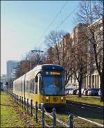 Tram N 2817 is running through St. Petersburger Strae in Dresden on December 28th, 2012.