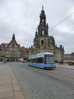 A tram is driving on the Augustusbrcke in Dresden on August 9th 2013.