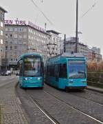 . Meeting of two trams near the main station in Frankfurt am Main on February 28th, 2015.