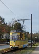 Tram N 31 to Woltersdorf Schleuse is arriving at the stop Goethestrae in Woltersdorf on December 27th, 2012.