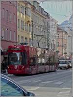 Innsbruck Tram 315 is running through the Museumsstra�e at Innsbruck on December 22nd, 2009.