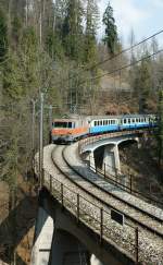 mob-montreux-berner-oberland-bahn The ex TPF GFM GDe 474 with a local train on the MOB Line between Les Avant and Chamby.
05.04.2009