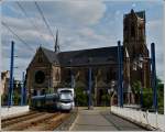 Saarbahn Saarbahn N� 1002 pictured in front of the church in Saarbr�cken-Malstatt on May 28th, 2011.