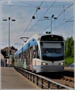 Saarbahn Saarbahn N� 1002 is crossing the bridge near the stop Cottbuserplatz in Saarbr�cken-Malstatt on May 28th, 2011.