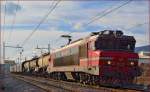 Electric loc 363-003 pull freight train through Maribor-Tabor on the way to the north. /2.1.2014