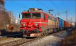 Electric loc 363-029 is hauling container train through Maribor-Tabor on the way to Koper port. /13.1.2014