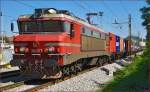 Electric loc 363-028 pull container train through Maribor-Tabor on the way to Koper port. /28.8.2014