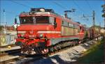 Electric loc 363-020 pull freight train through Maribor-Tabor on the way to Koper port. /14.10.2014