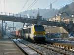 Serie 3000 3007 with IR to Liers is leaving the station of Clervaux on the cold morning of March 3rd, 2004.