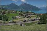 View of the Faulensee railway system with a BLS Tm 234  Ameise  shunting. In the background the town of Faulensee and Lake Thun.
June 14, 2021