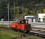Bernese Oberland Railway shunting locomotive BOB 1 (Chrigel) a Tm 2/2 on 30.09.2011 at Interlaken Ost, from the depot of the Ballenberg steam railway. Recording from a moving train.