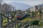 The SBB Re 4/4 II 11124 with the IR 2182 to Basel is leaving Locarno .
18. 03.2014